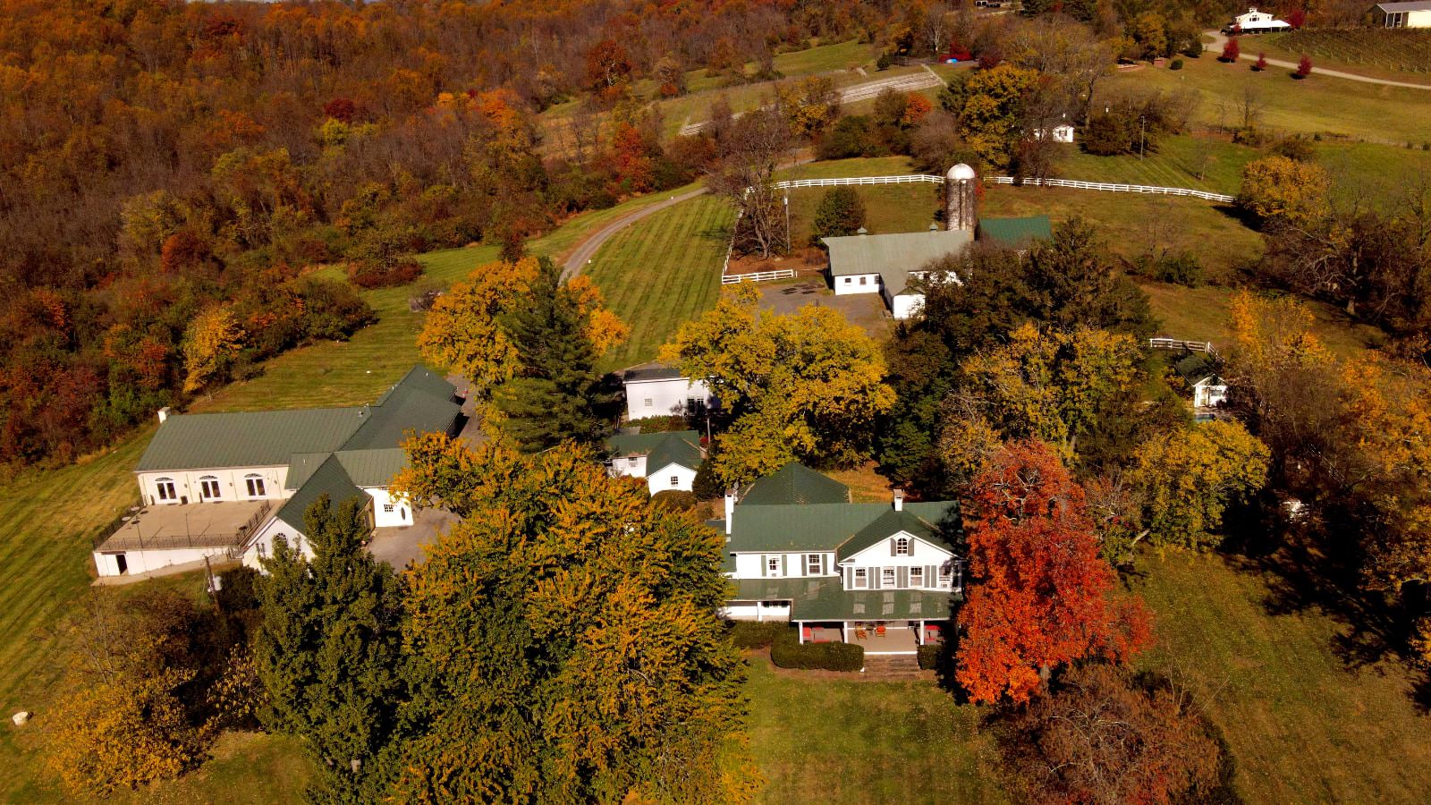 Aerial view of property surrounded by green grass and trees