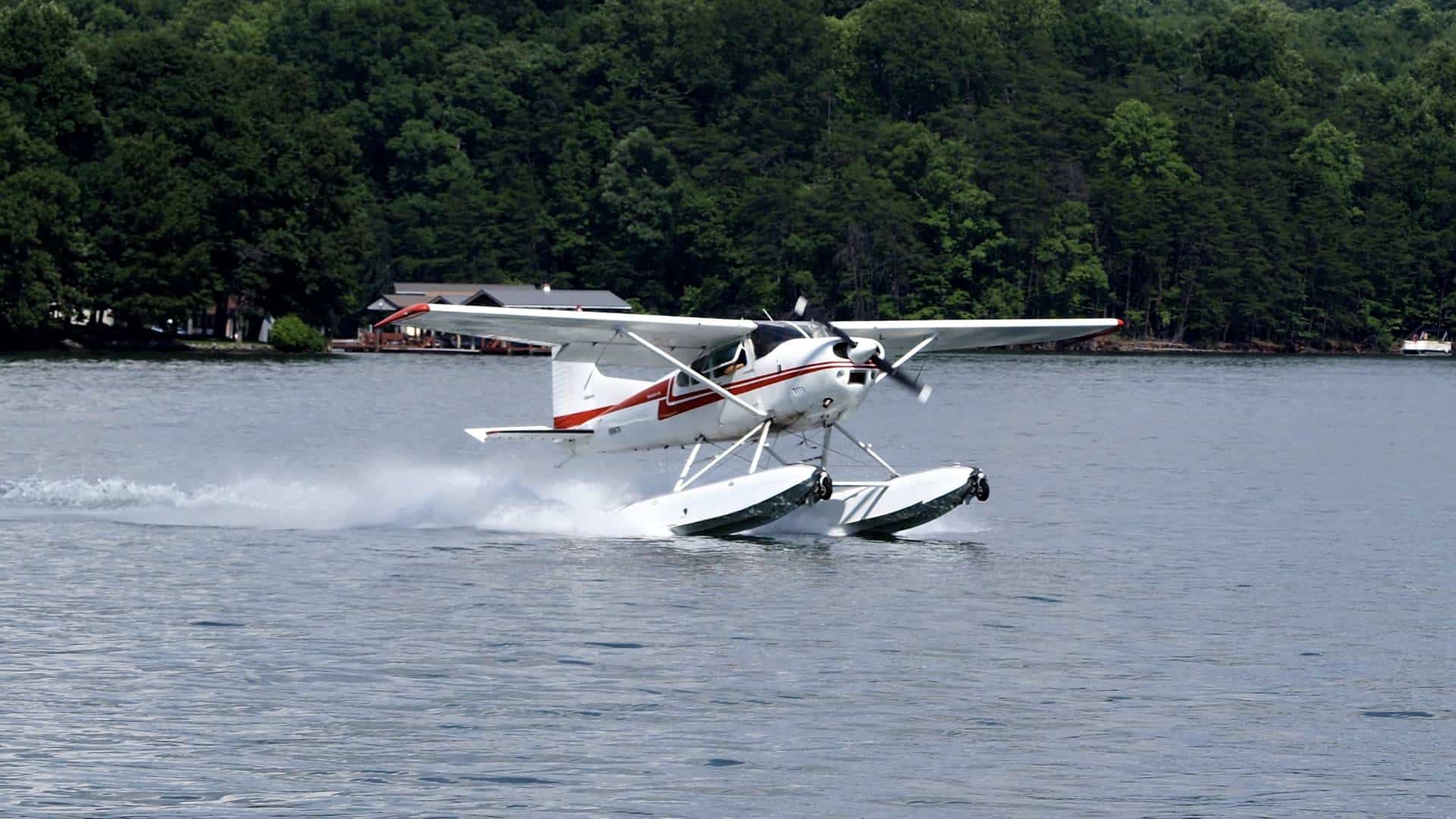White with red stripe seaplane skimming the top of the water with large green trees in the background